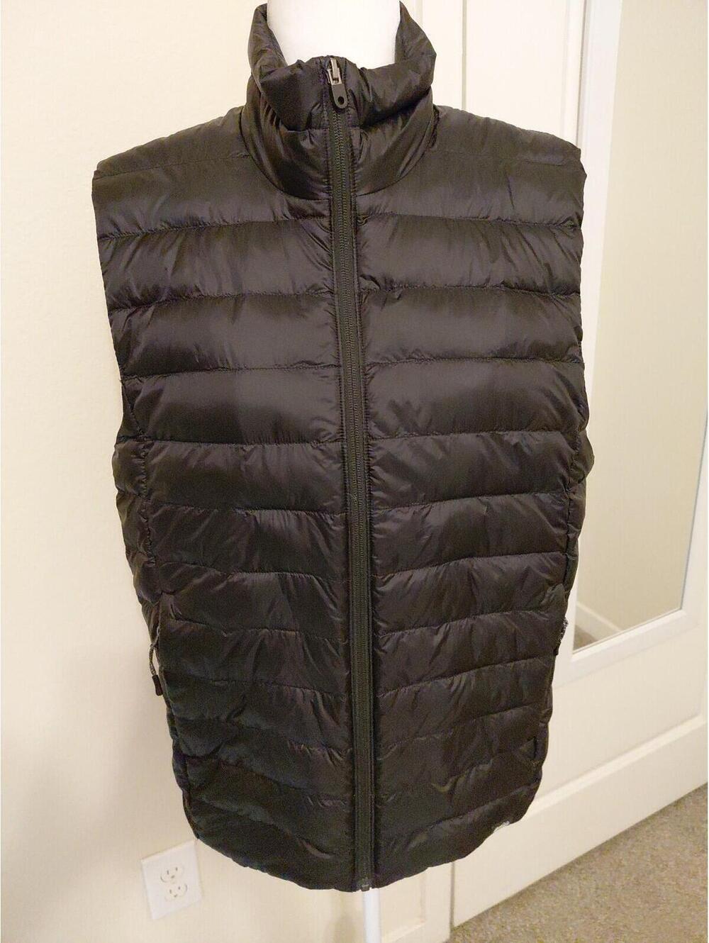 REI Co-op puffer vest shown black, sleeveless insulated full-zip front men’s M
